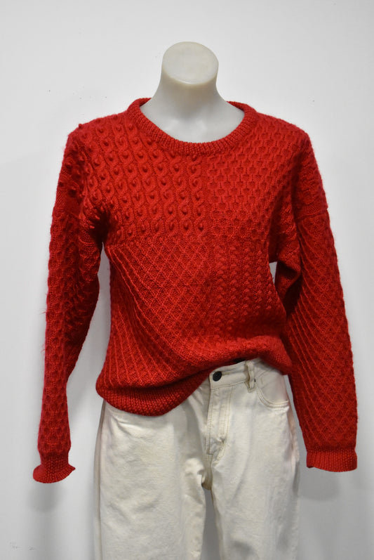Red bobble and cable knit wool jumper, S/M