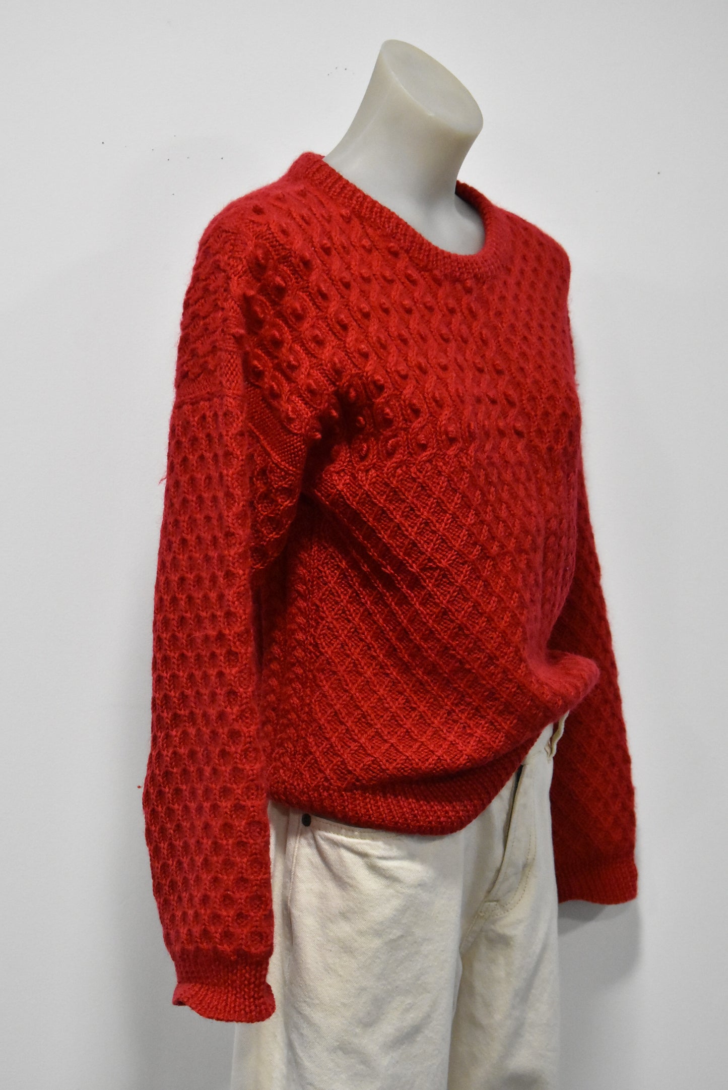 Red bobble and cable knit wool jumper, S/M
