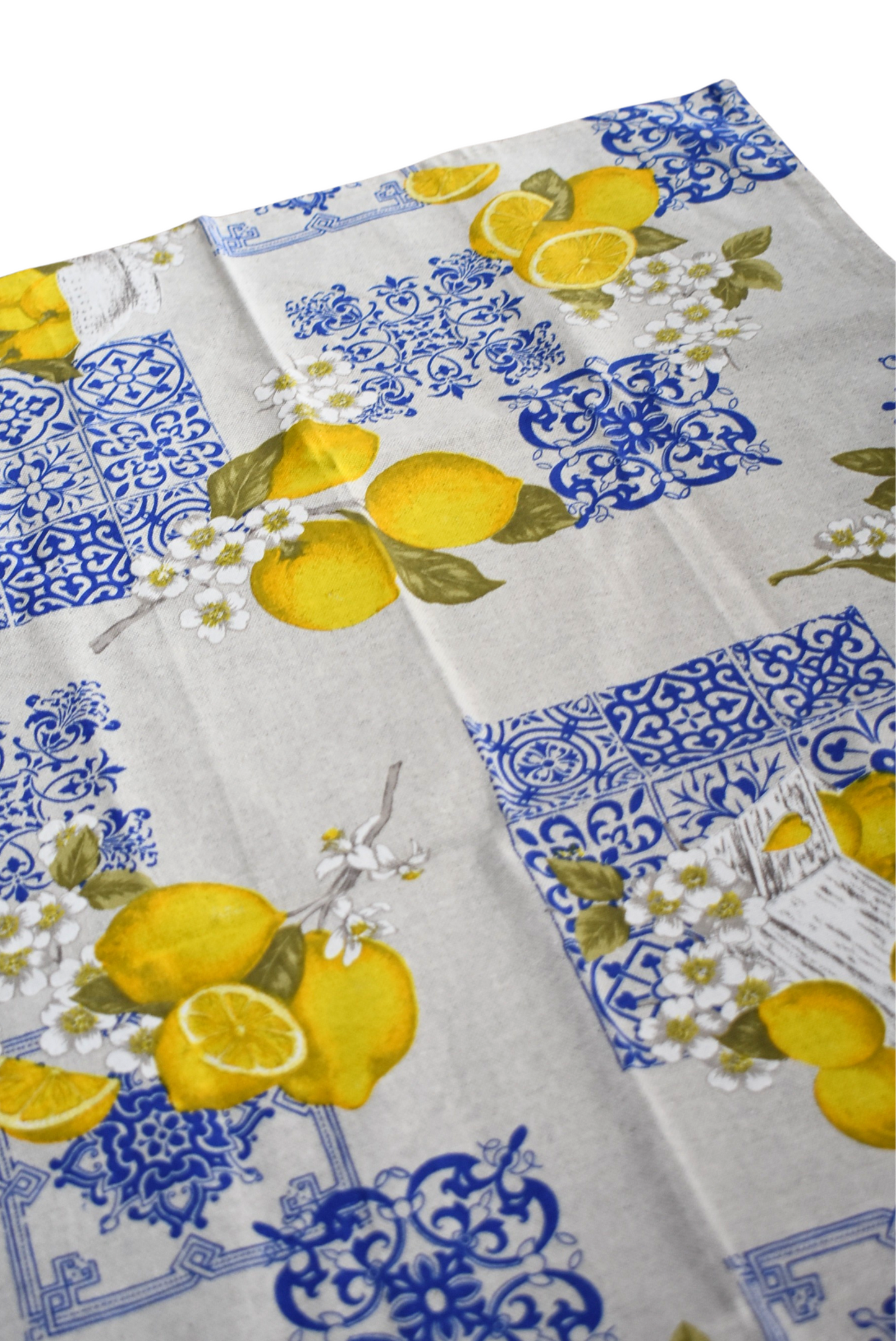 Italian made lemon blue tile tea towel