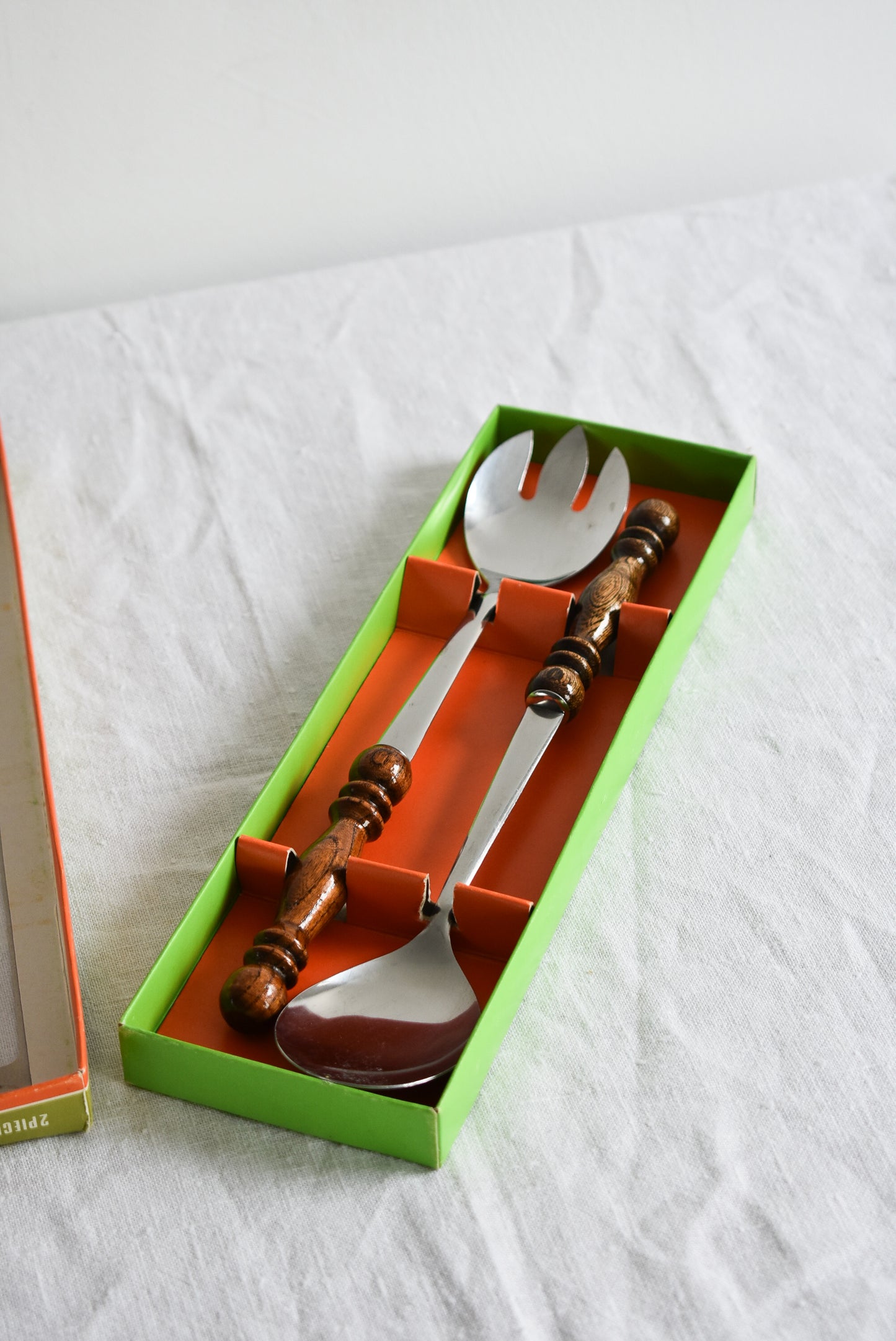 Retro stainless steel, wooden salad serving set