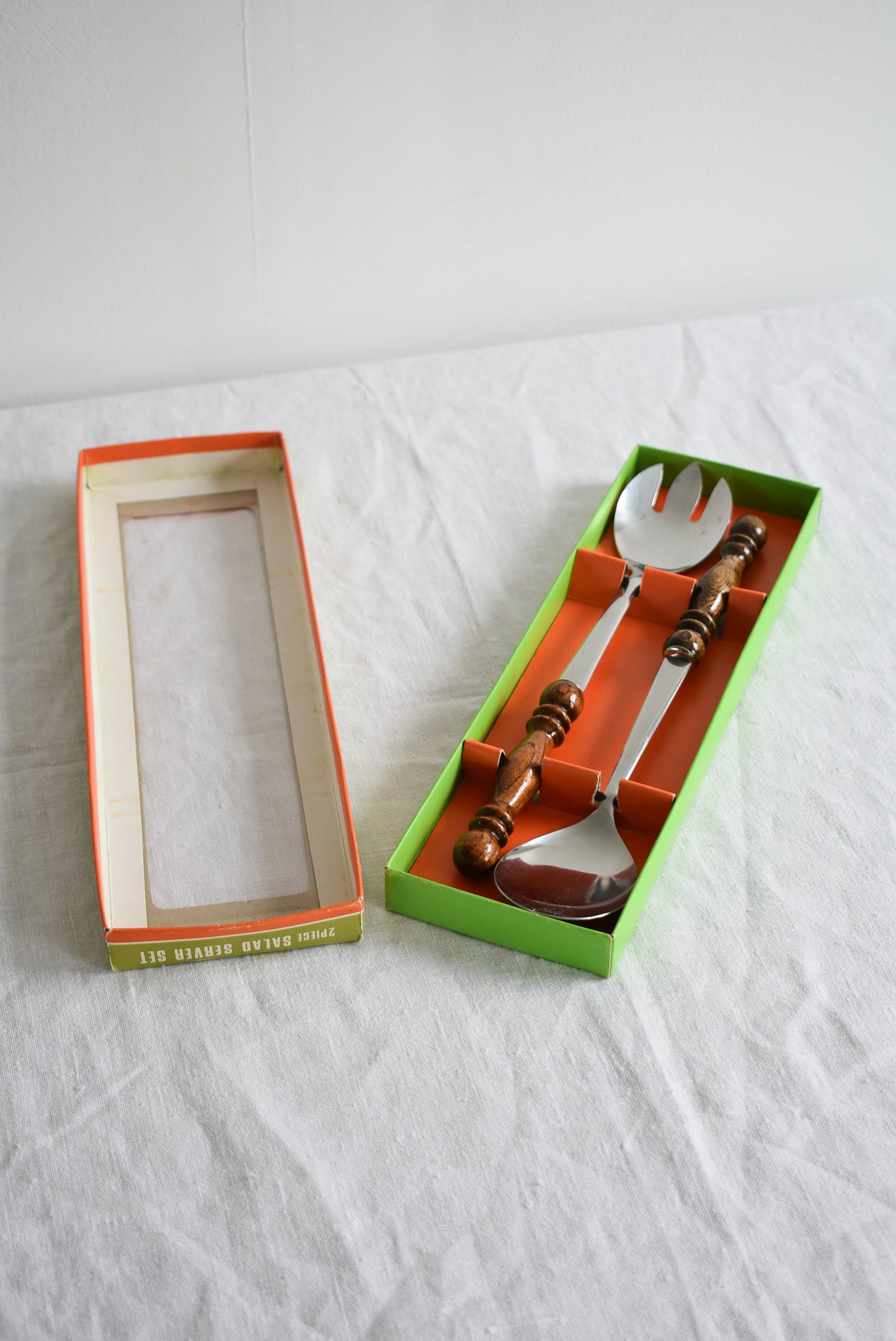 Retro stainless steel, wooden salad serving set