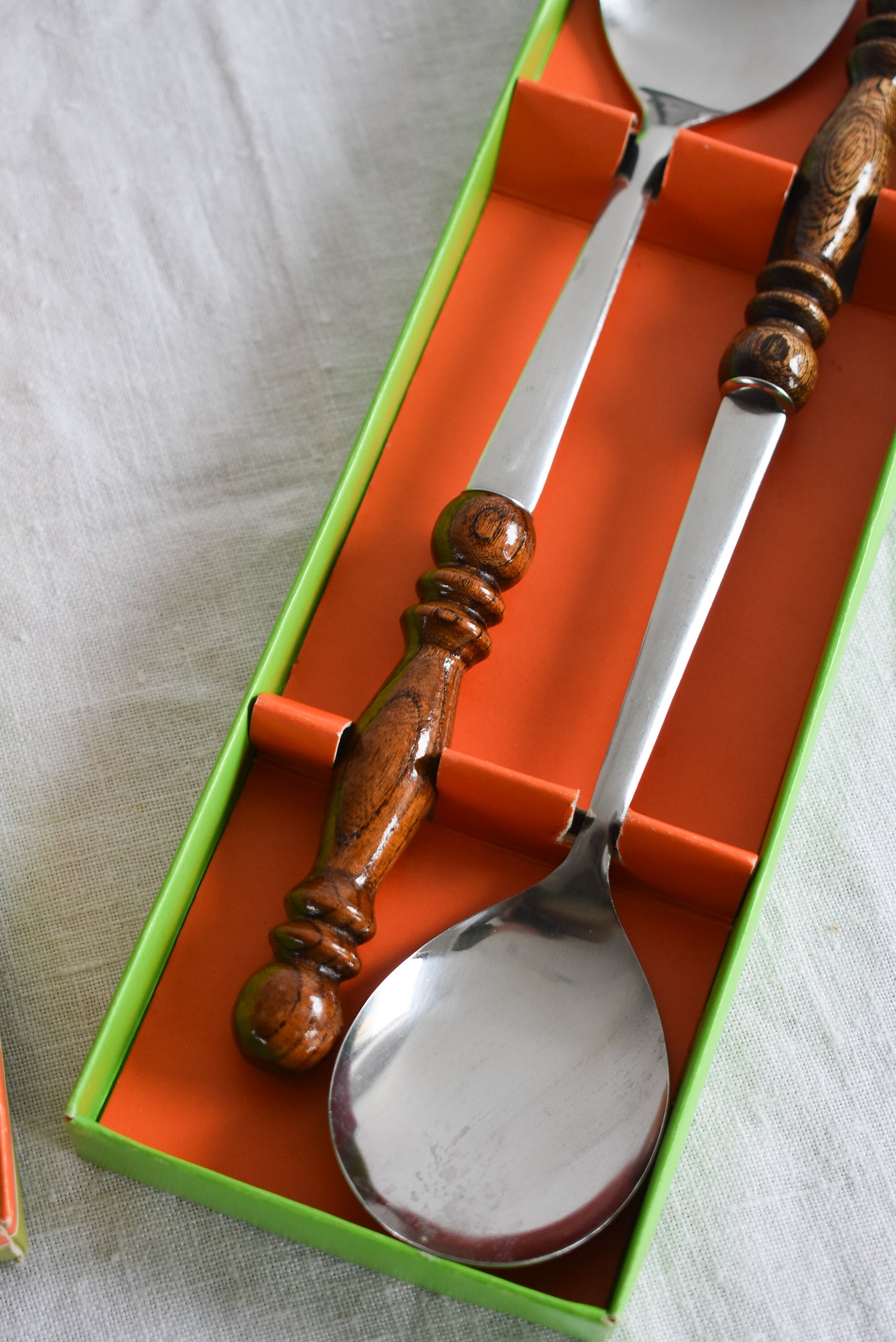 Retro stainless steel, wooden salad serving set