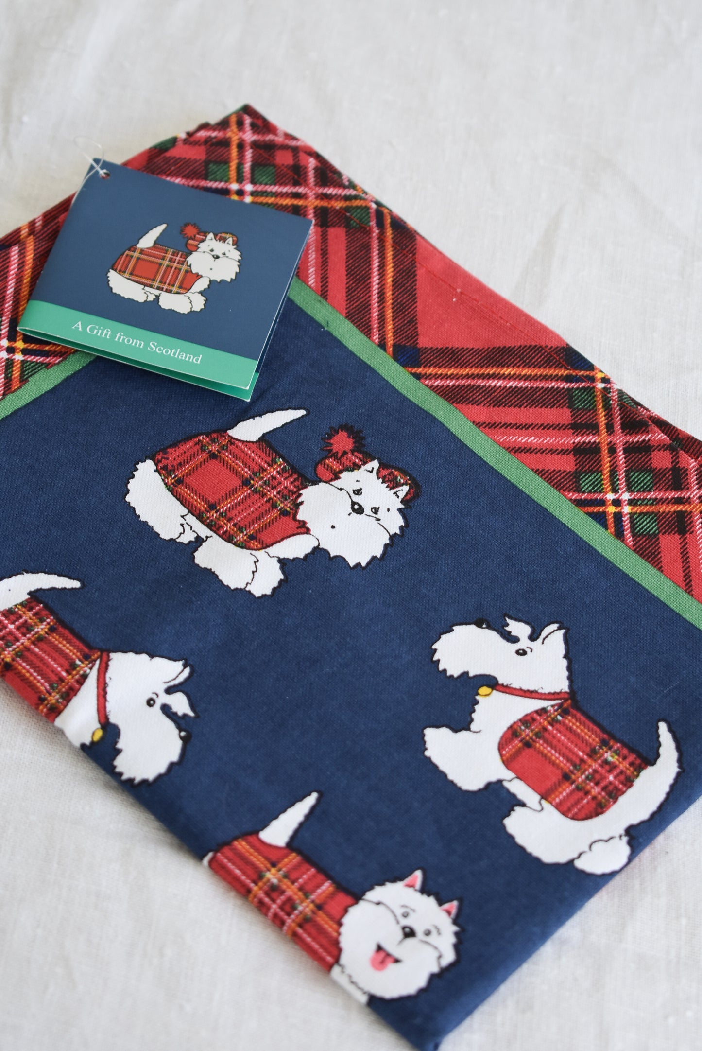 Tartan terrier scotty dog cotton tea towel, New with tags