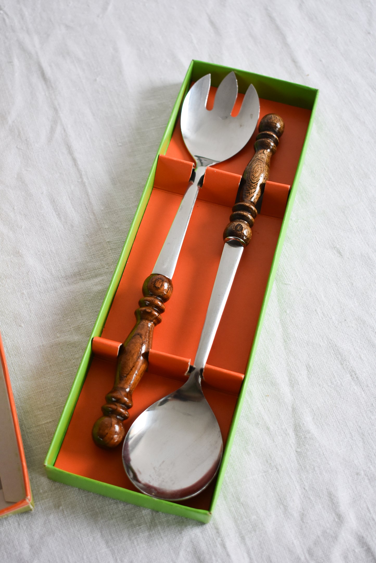 Retro stainless steel, wooden salad serving set