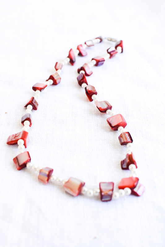 Funky red pearlescent beaded necklace