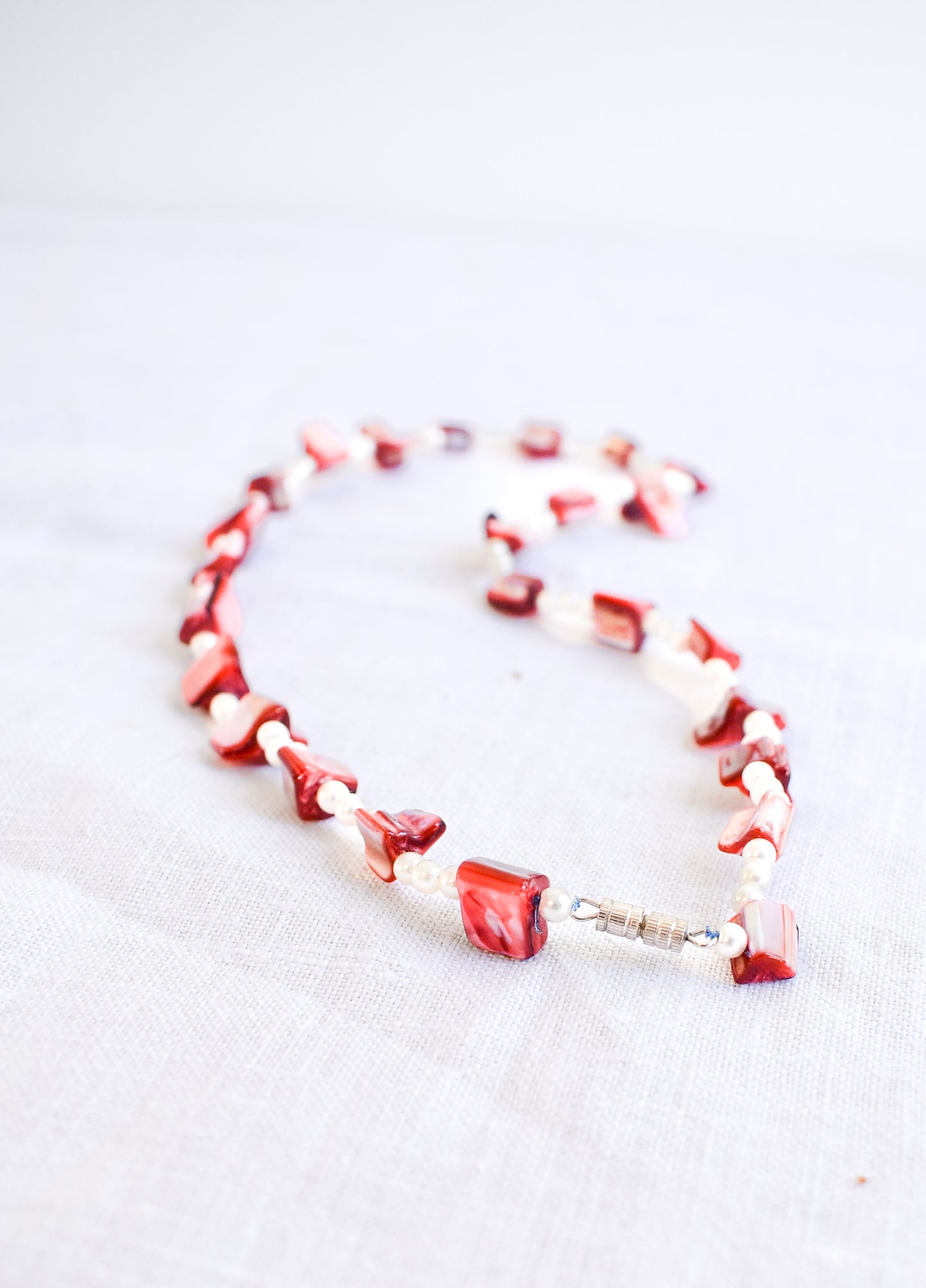 Funky red pearlescent beaded necklace