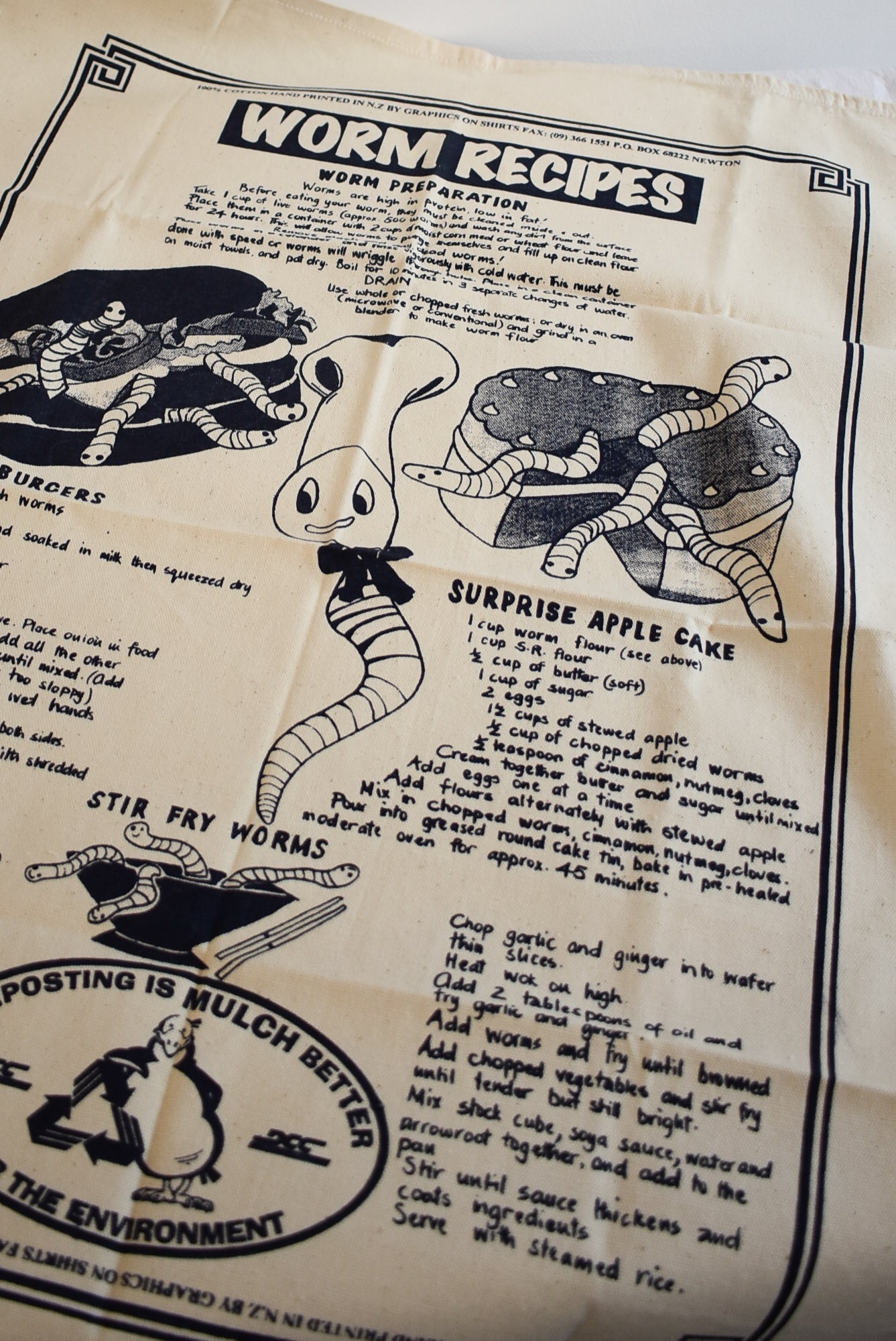 Funny retro "Worm Recipes" cotton tea towel