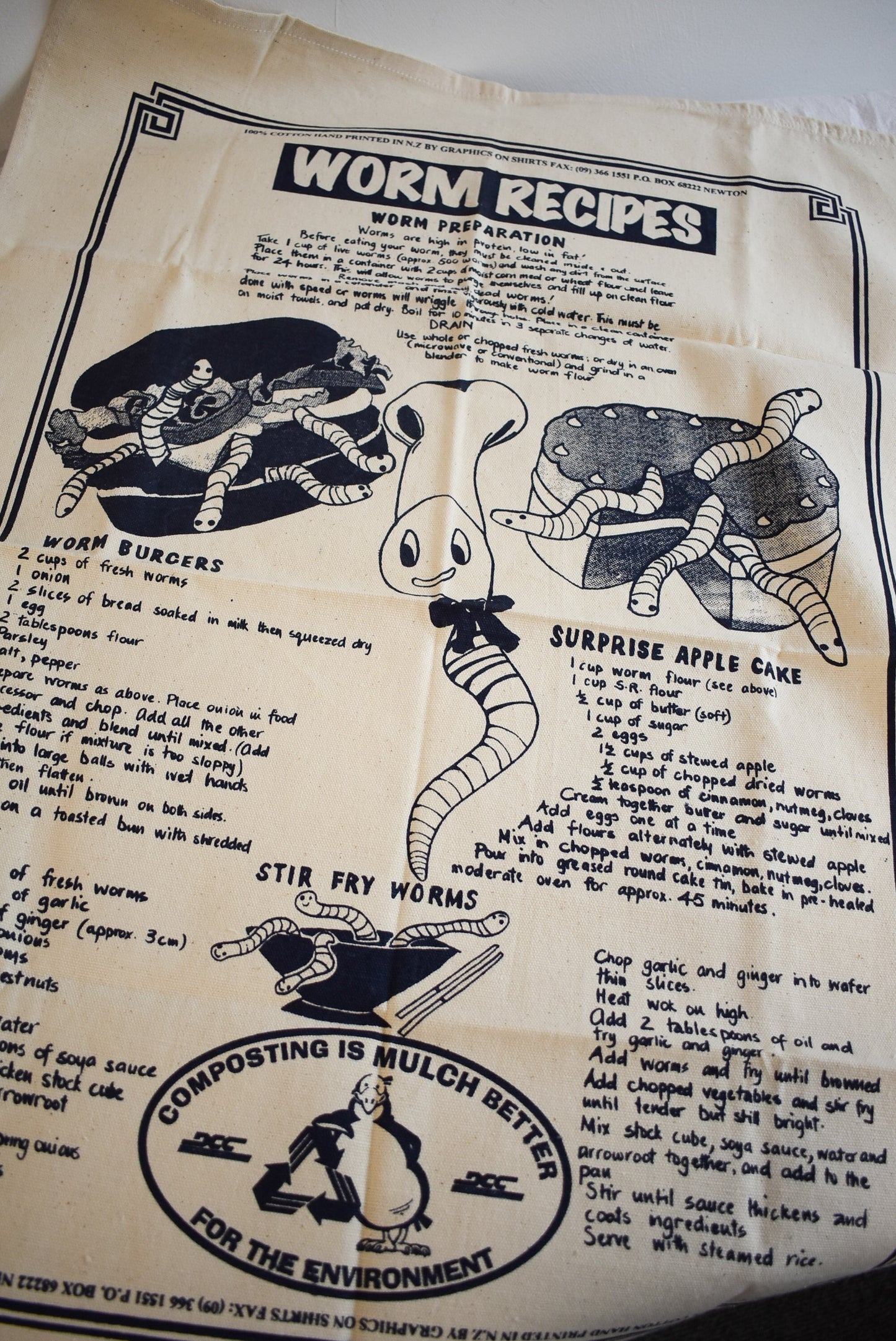 Funny retro "Worm Recipes" cotton tea towel