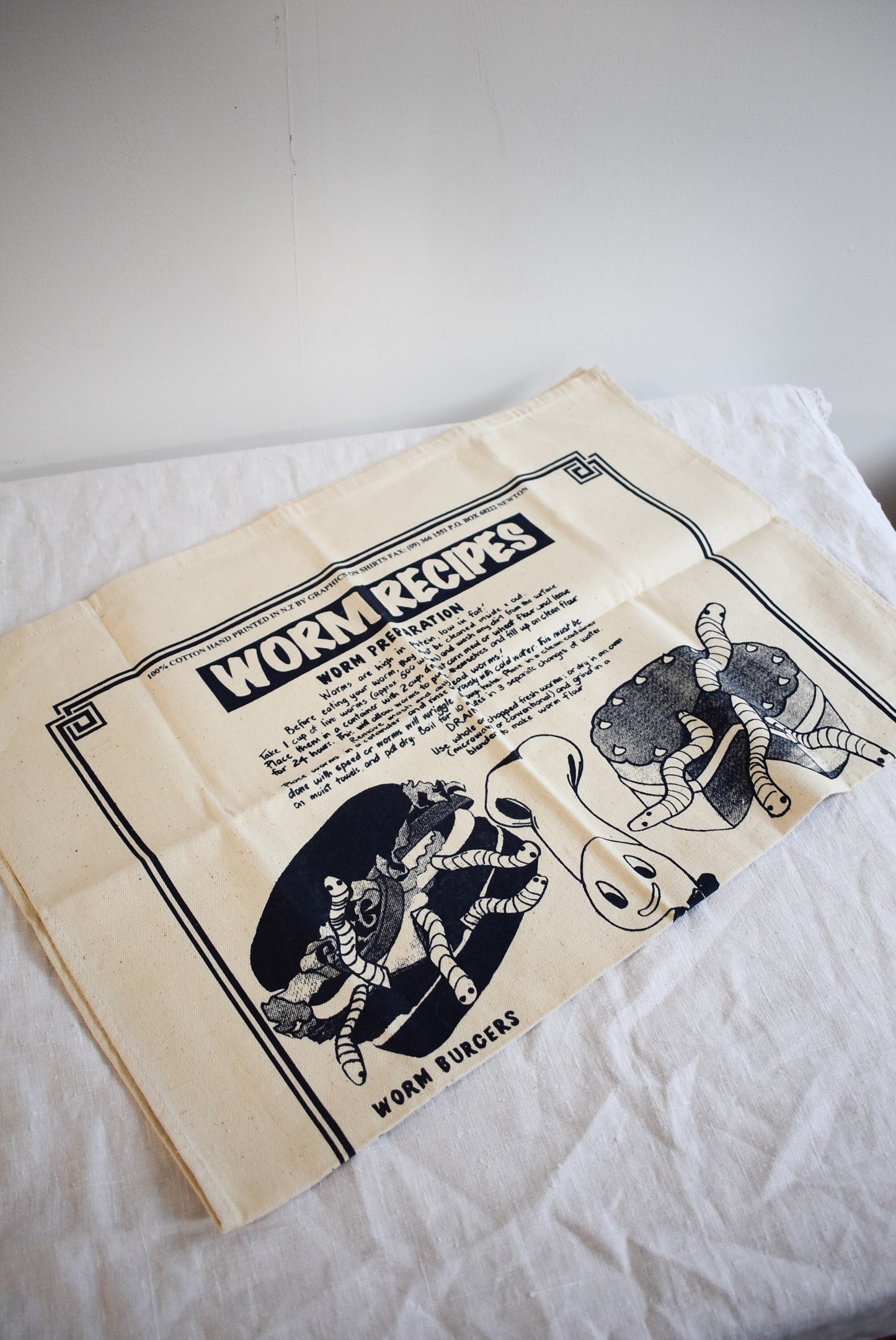 Funny retro "Worm Recipes" cotton tea towel