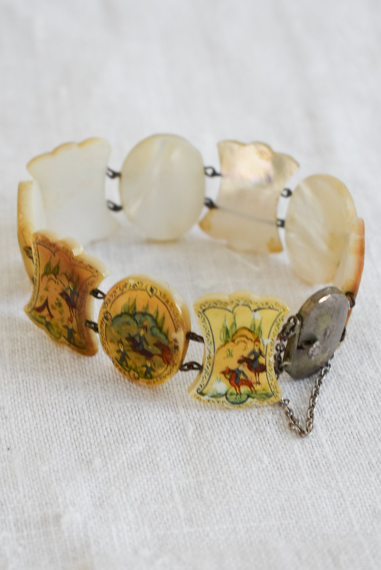 Vintage mother of pearl Persian story telling silver bracelet