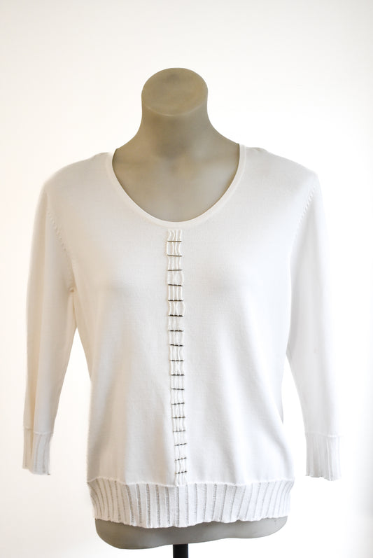 White beaded 3/4 sleeve knit top, S/M