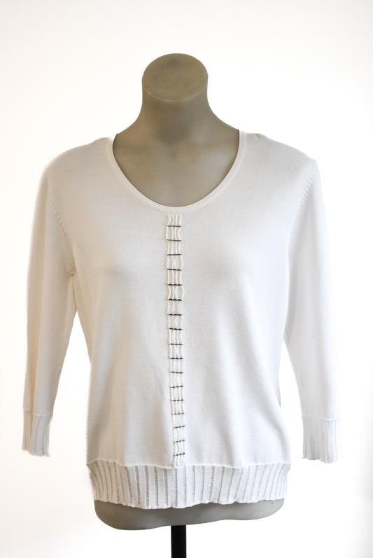 White beaded 3/4 sleeve knit top, S/M