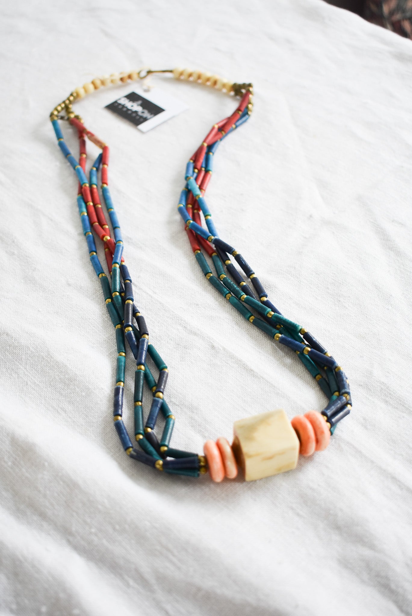 Statement bone, wood & brass beaded necklace