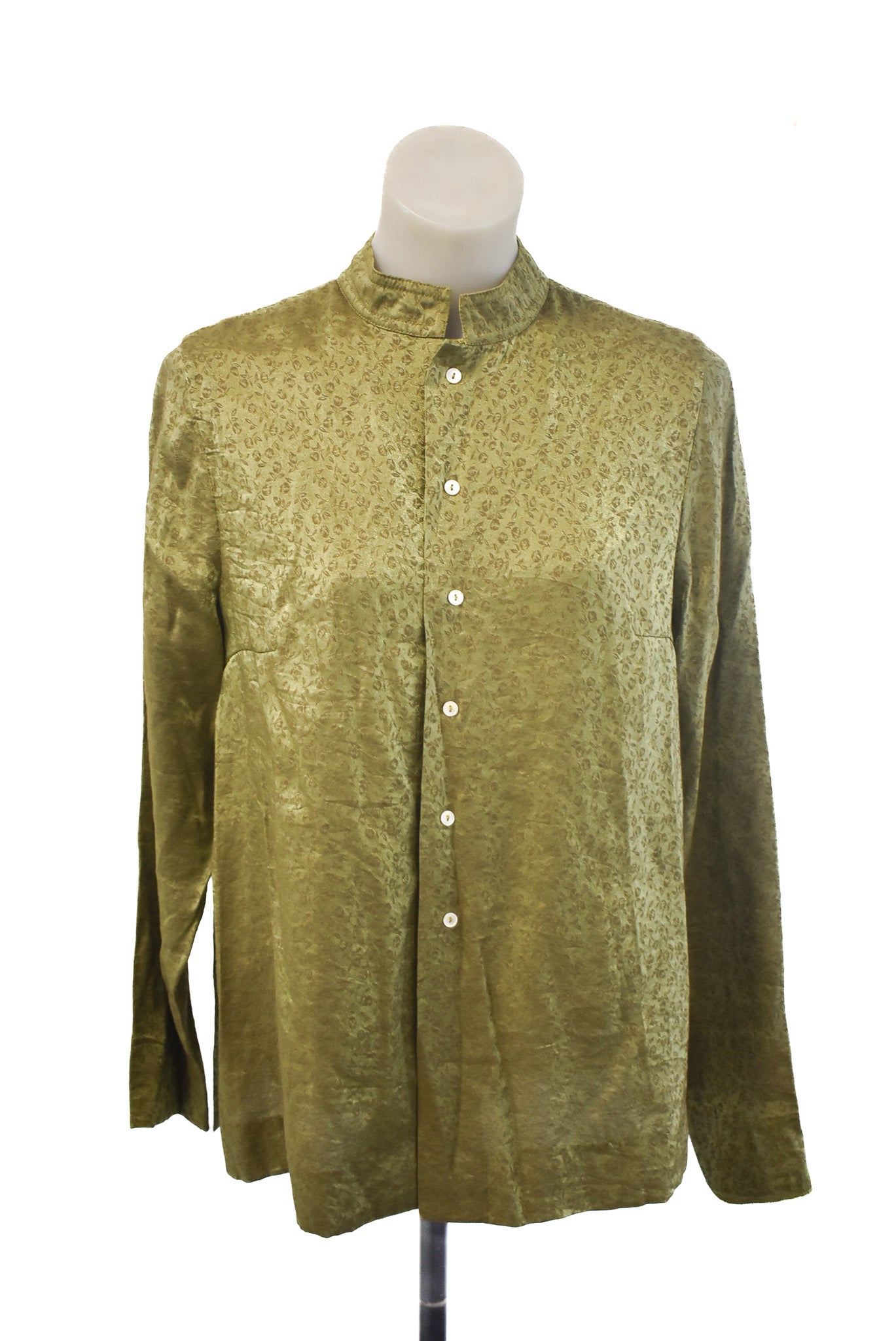 Marilyn Sainty funky green floral button-down shirt, M