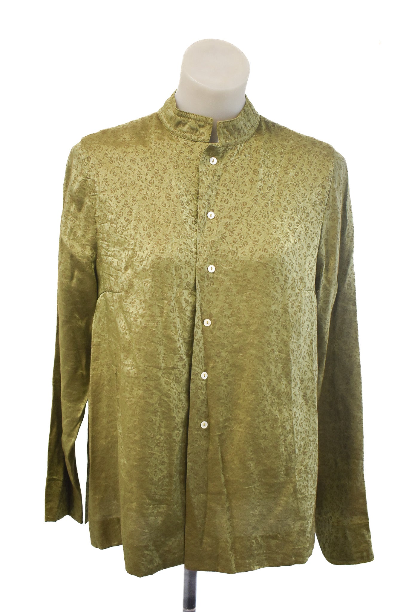 Marilyn Sainty funky green floral button-down shirt, M