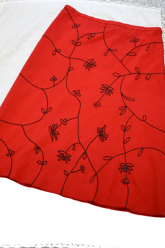 Unique red flower embroidered skirt, S/M