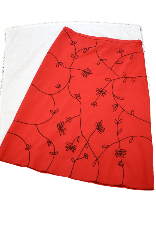 Unique red flower embroidered skirt, S/M