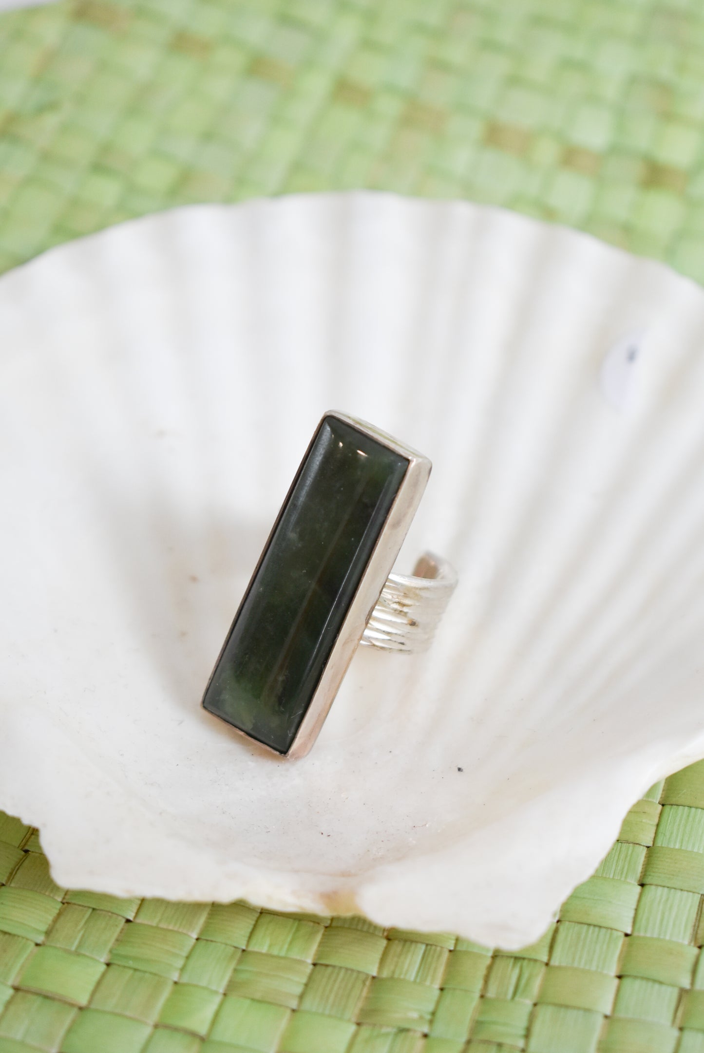 Bob Wyber sterling silver pounamu chunky ring, rectangle