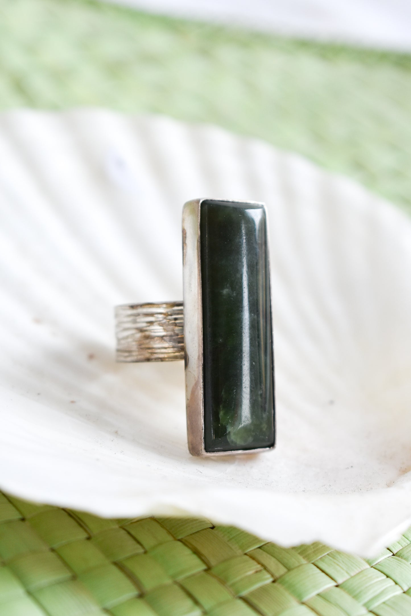 Bob Wyber sterling silver pounamu chunky ring, rectangle