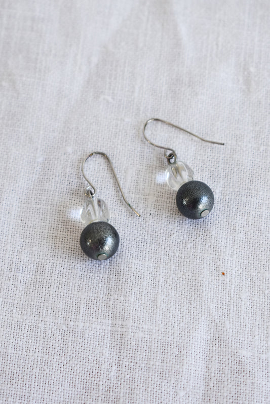 Simple silver coloured glass bead dangly earrings