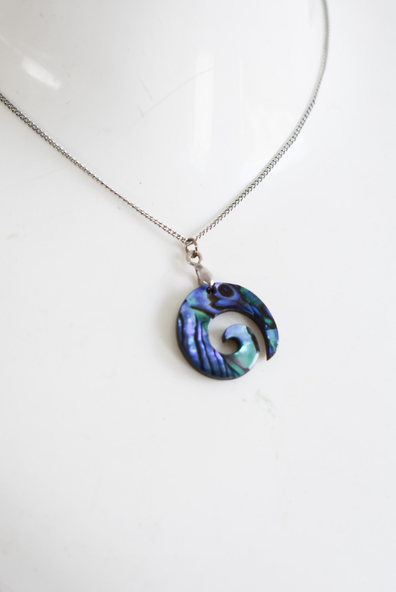 Wood + Paua Koru necklace