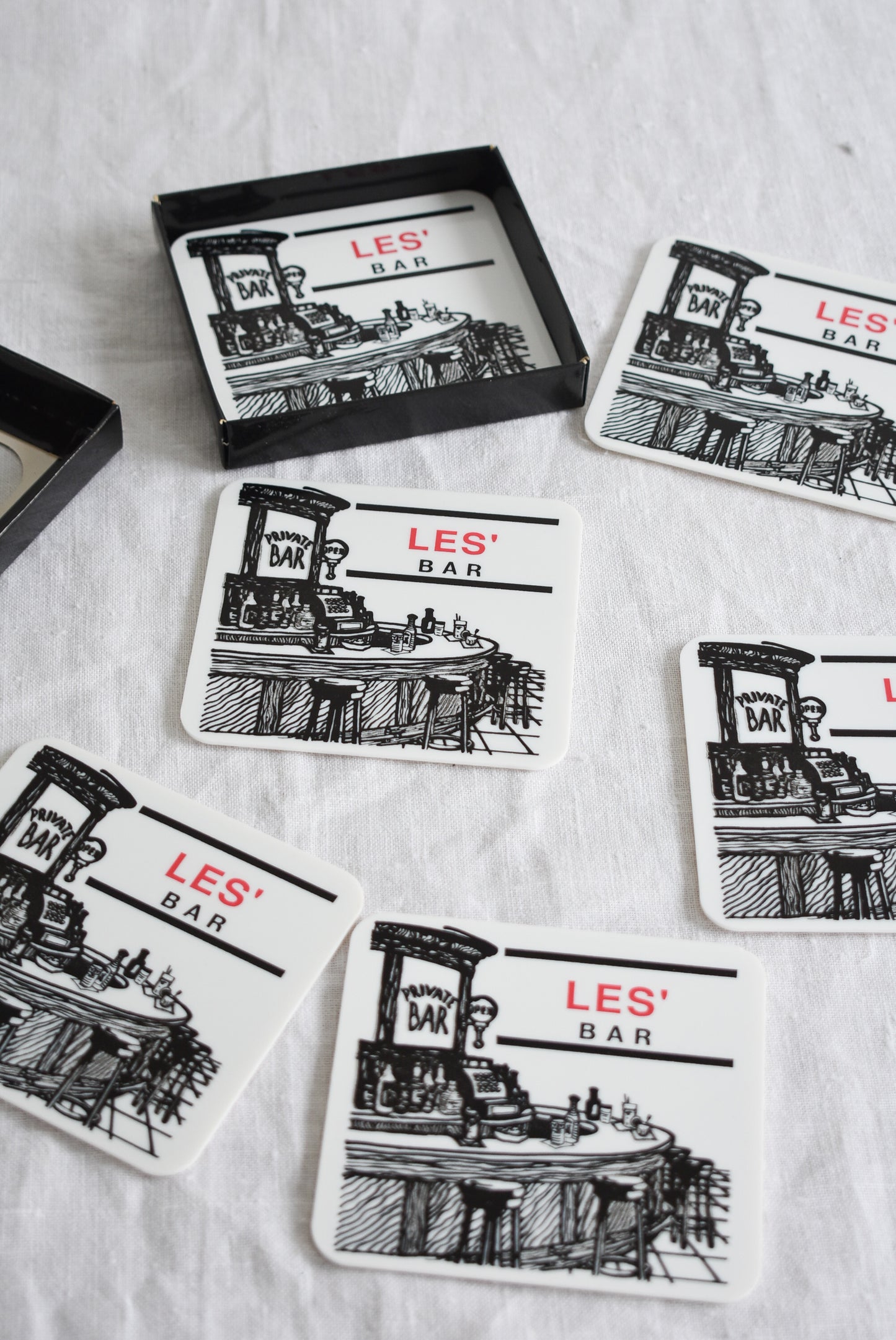 Les' Bar cork coasters