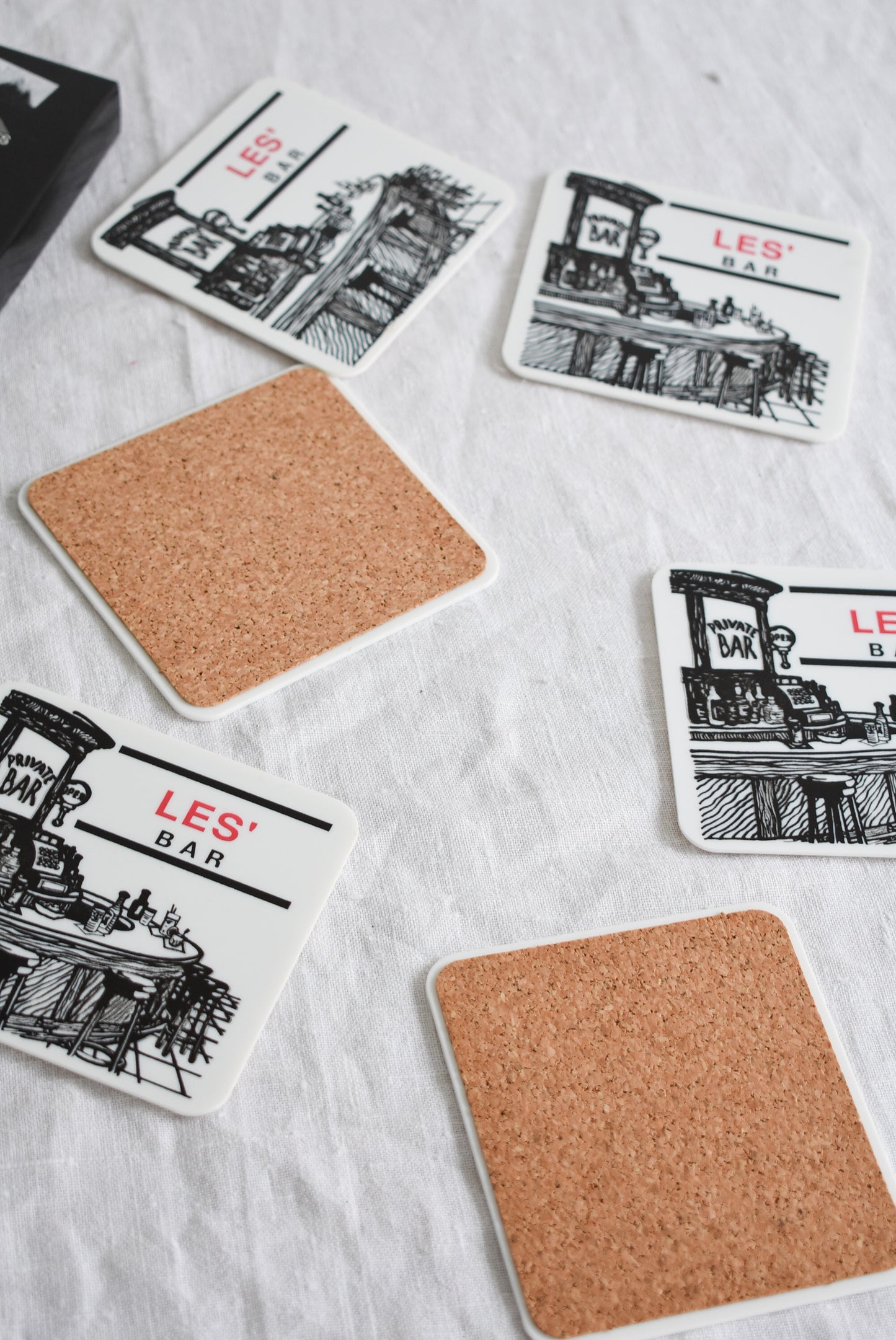 Les' Bar cork coasters