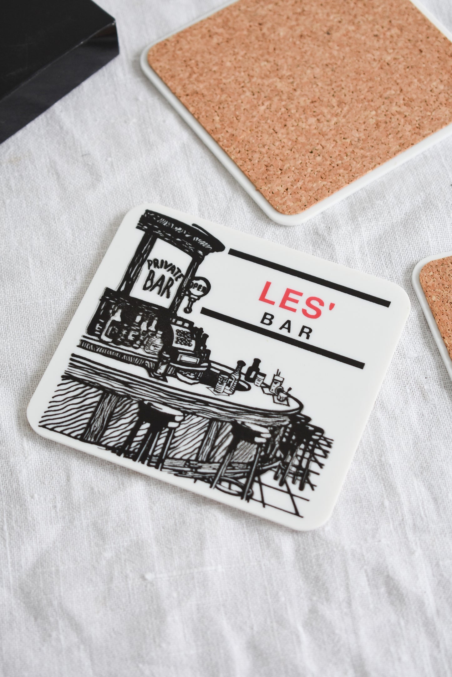 Les' Bar cork coasters