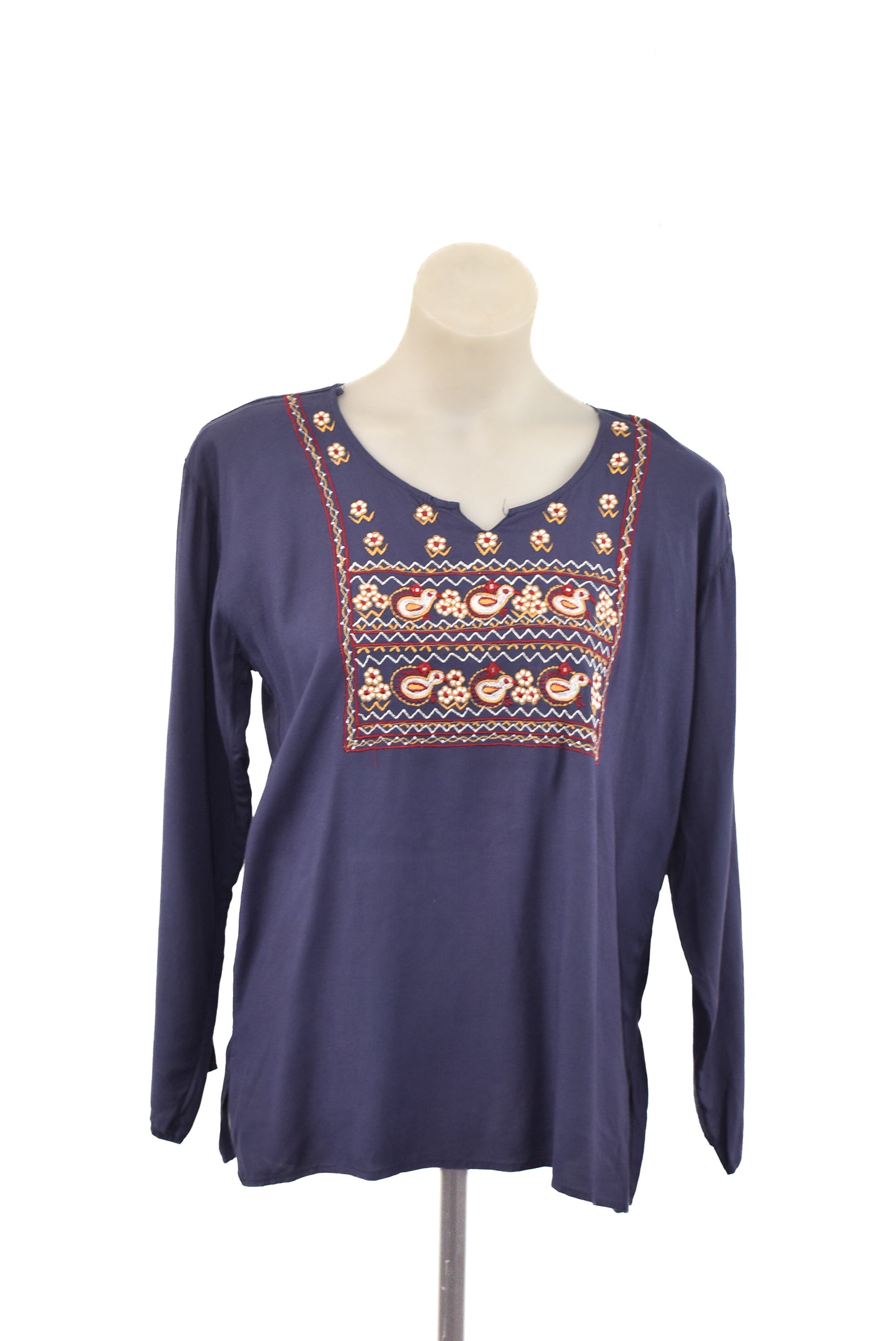 Navy blue embroidered flowy blouse, M