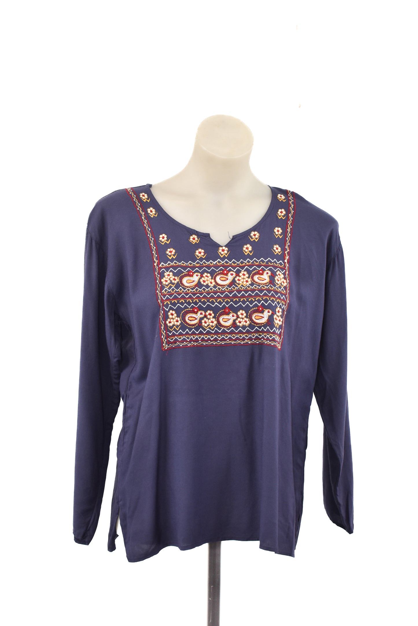 Navy blue embroidered flowy blouse, M