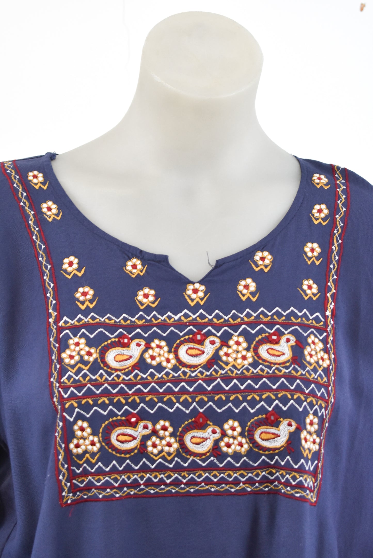 Navy blue embroidered flowy blouse, M