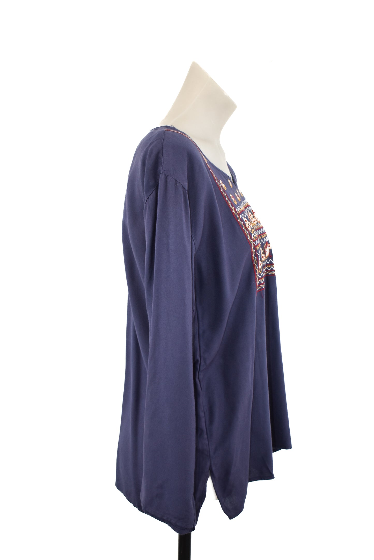 Navy blue embroidered flowy blouse, M