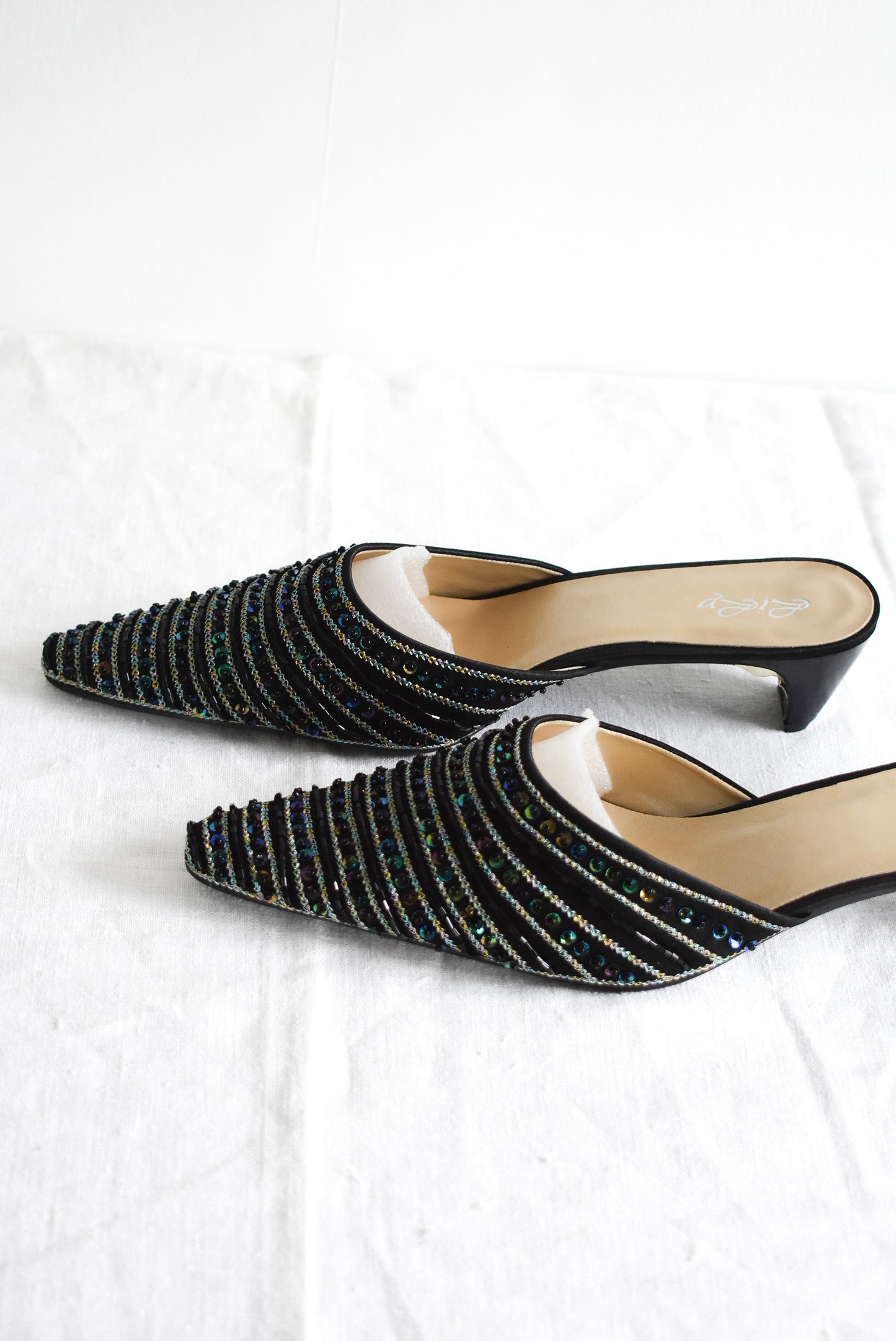 Pāua sequin striped pointy kitten heels, 39