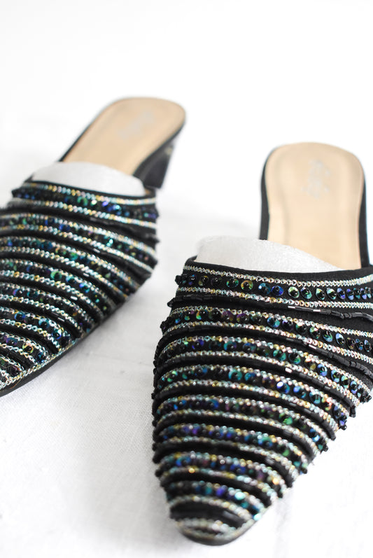 Pāua sequin striped pointy kitten heels, 39