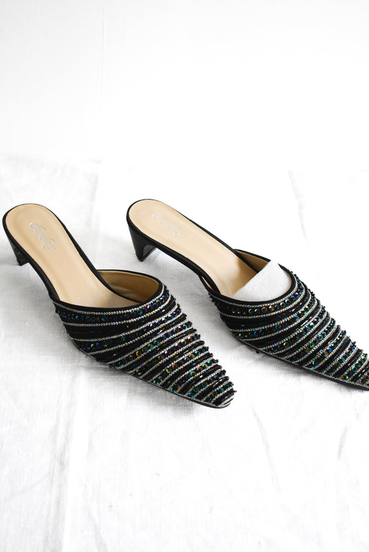 Pāua sequin striped pointy kitten heels, 39