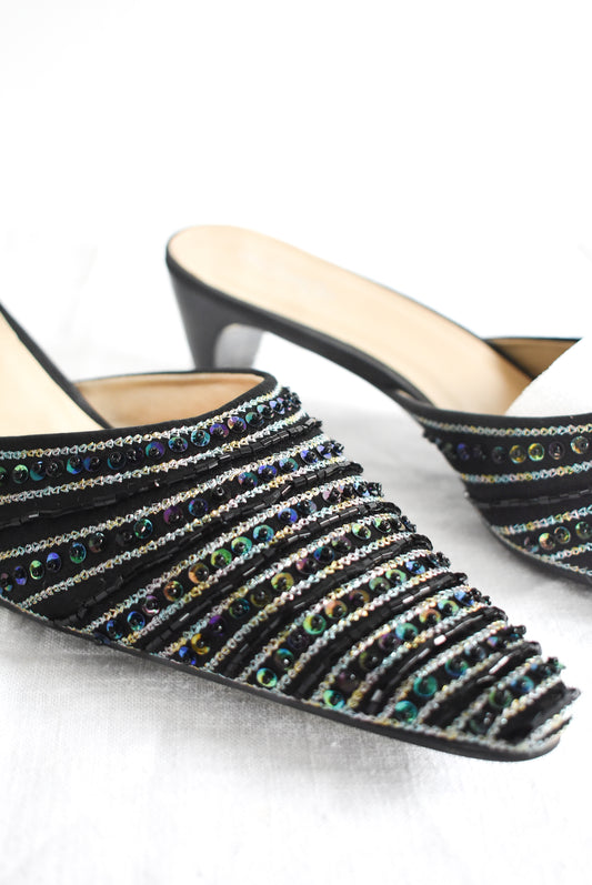 Pāua sequin striped pointy kitten heels, 39