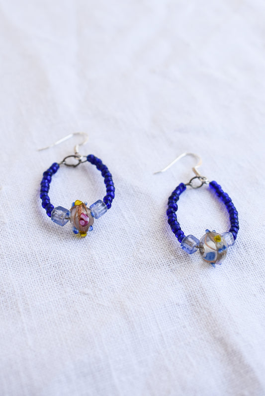 Funky blue and gold glass bead earrings