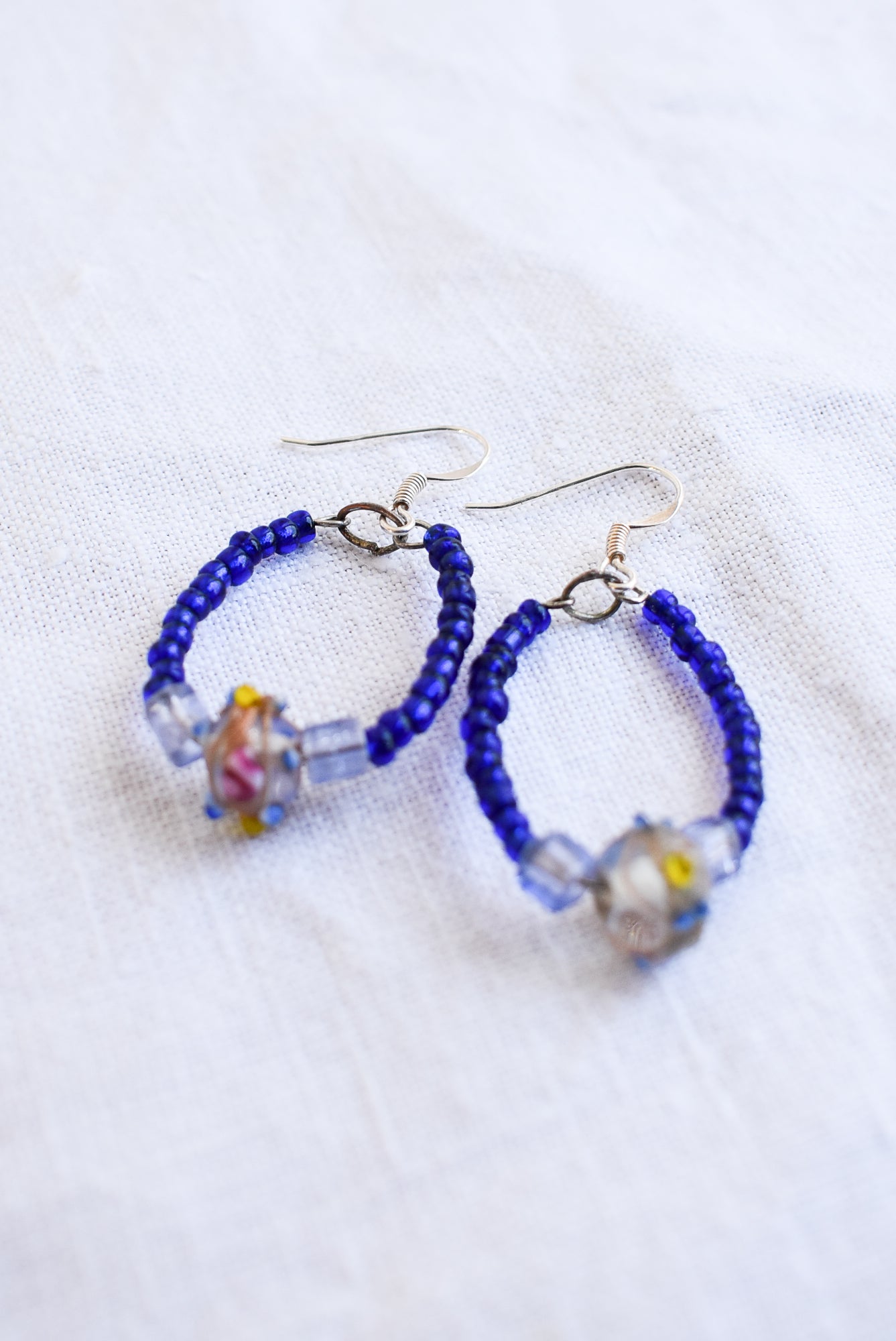 Funky blue and gold glass bead earrings