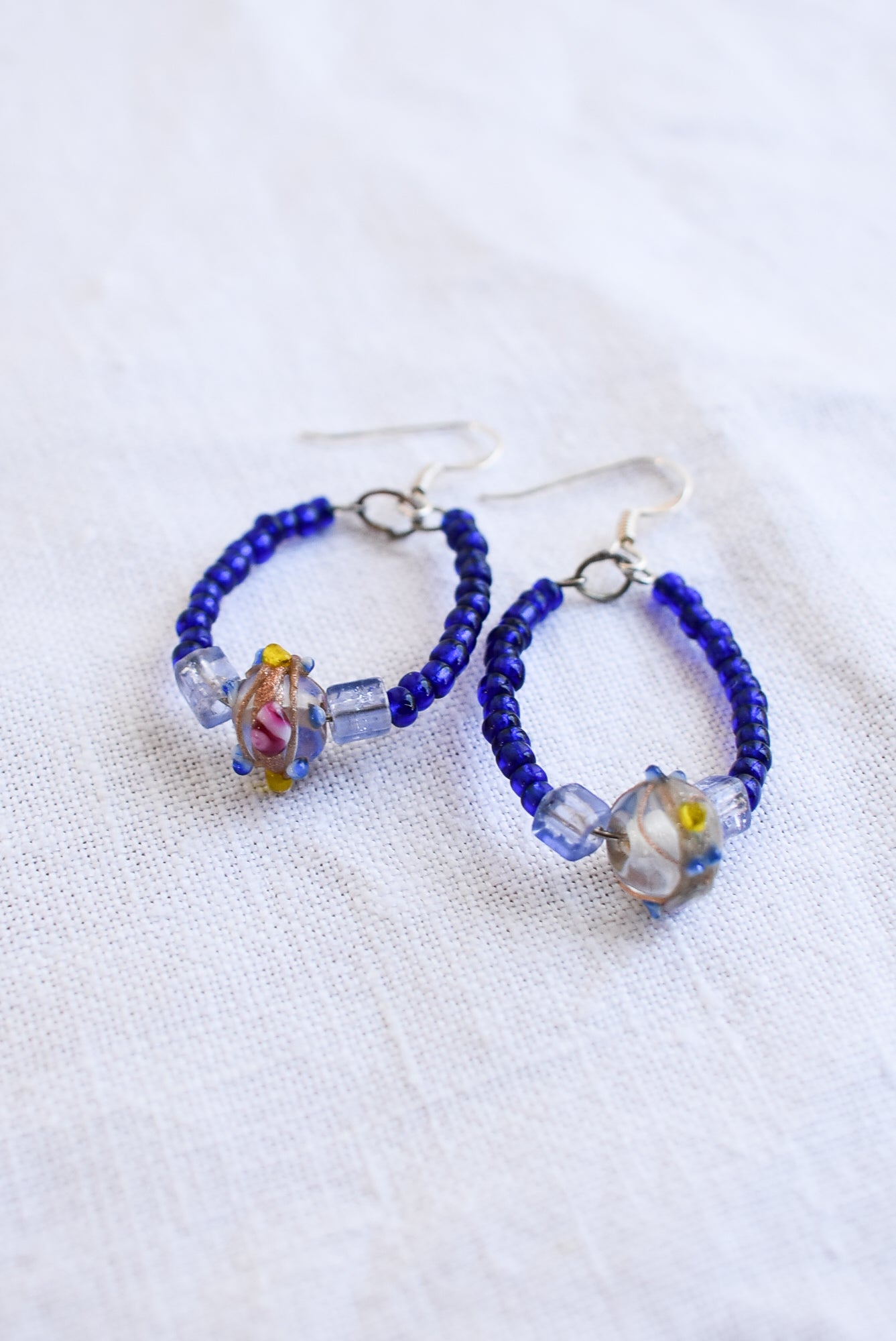 Funky blue and gold glass bead earrings