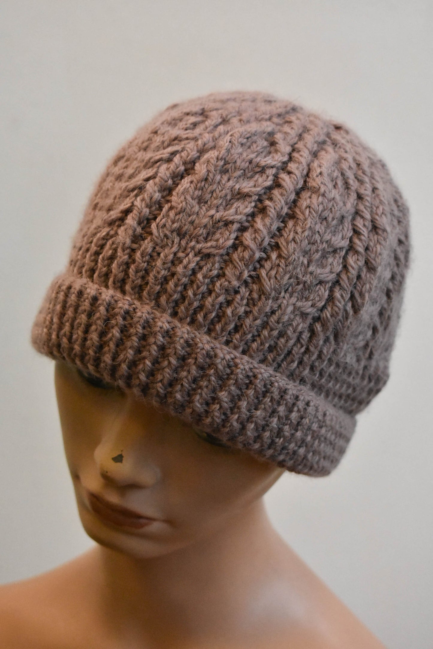 Handknit khaki hat, osfm