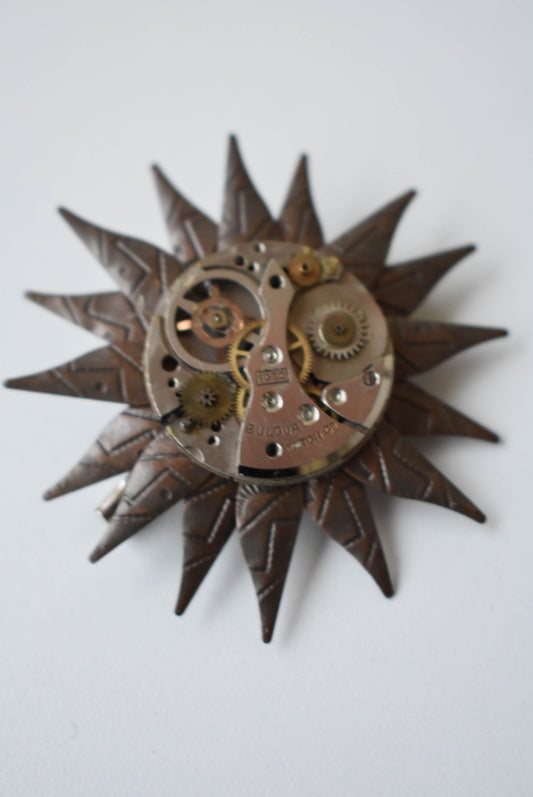 Steampunk clock gear sun brooch