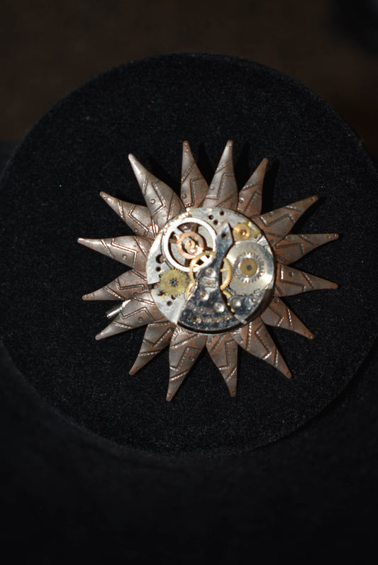 Steampunk clock gear sun brooch