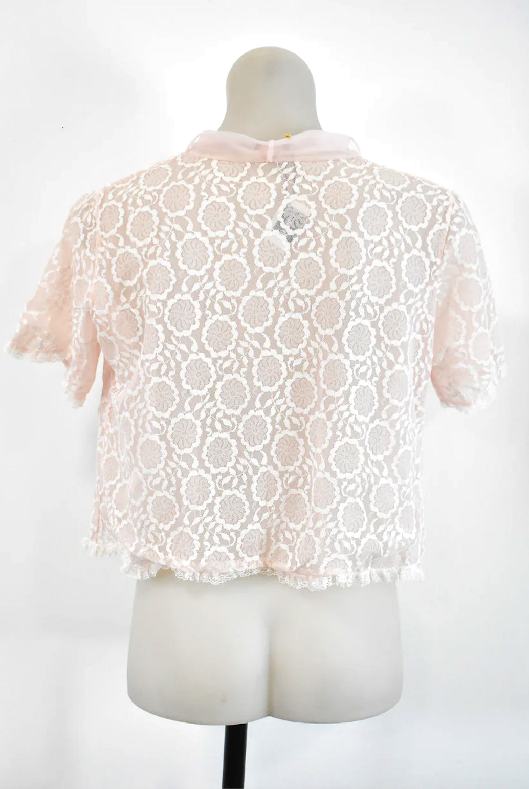 Vintage pink floral lace tie blouse, S