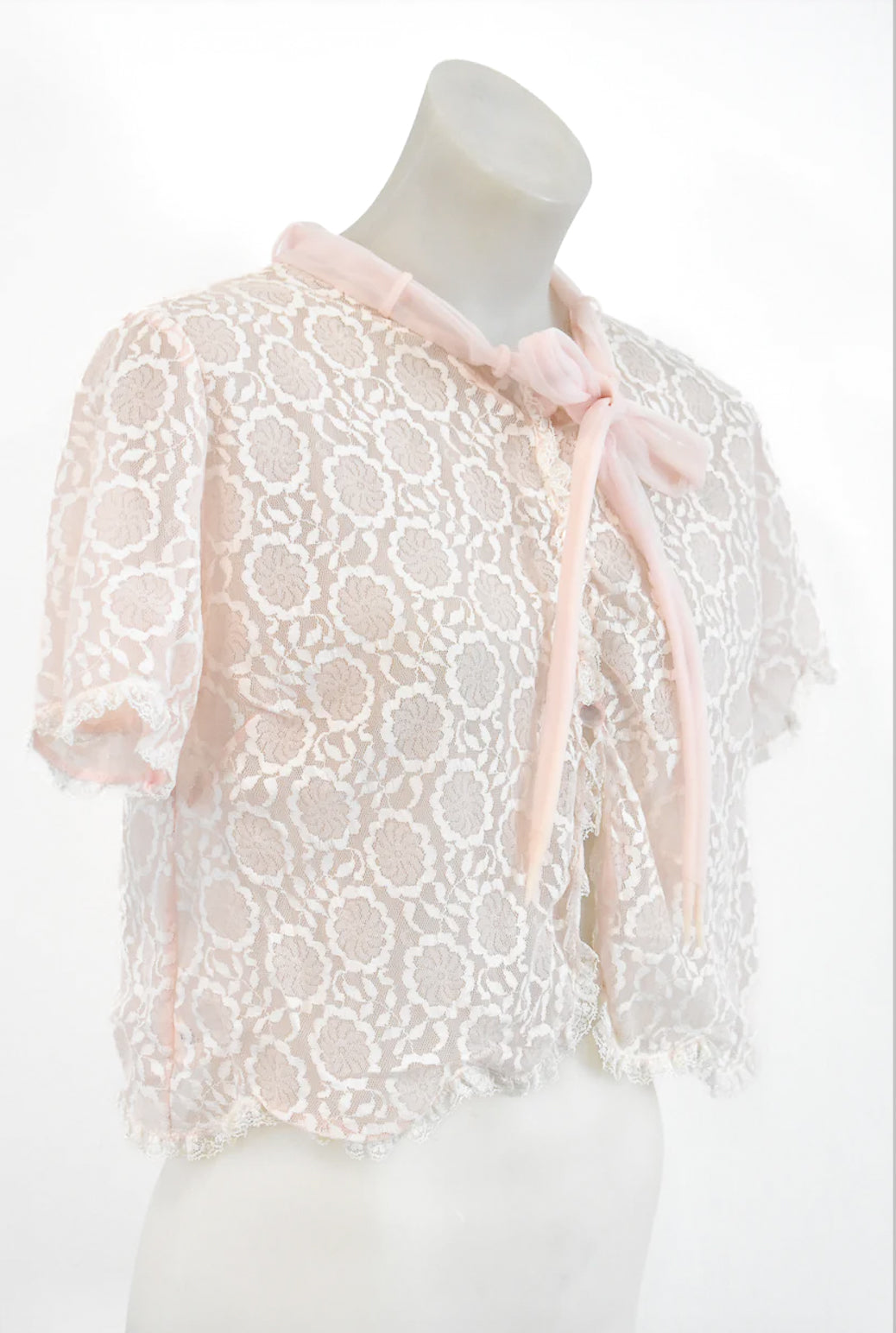 Vintage pink floral lace tie blouse, S