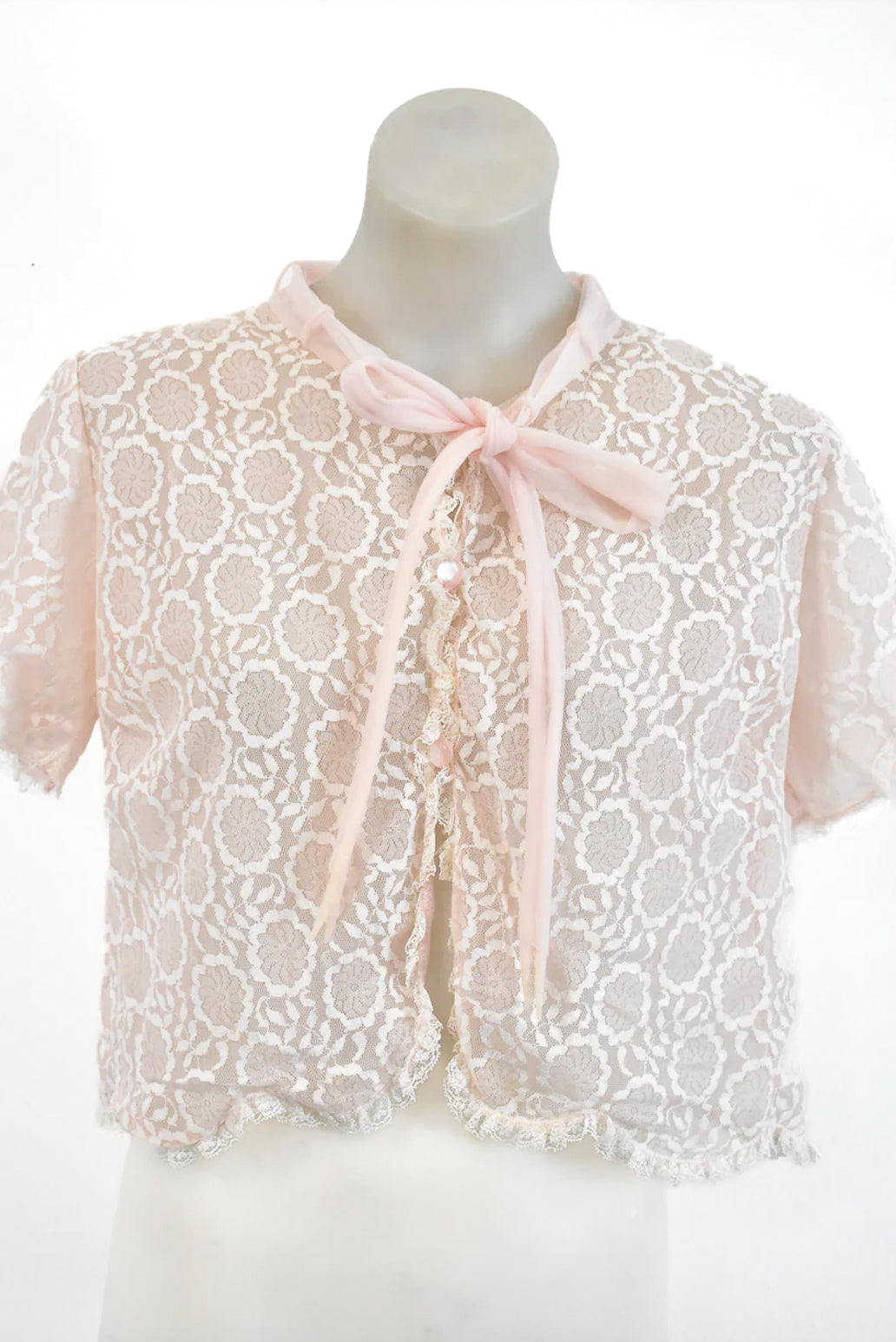 Vintage pink floral lace tie blouse, S