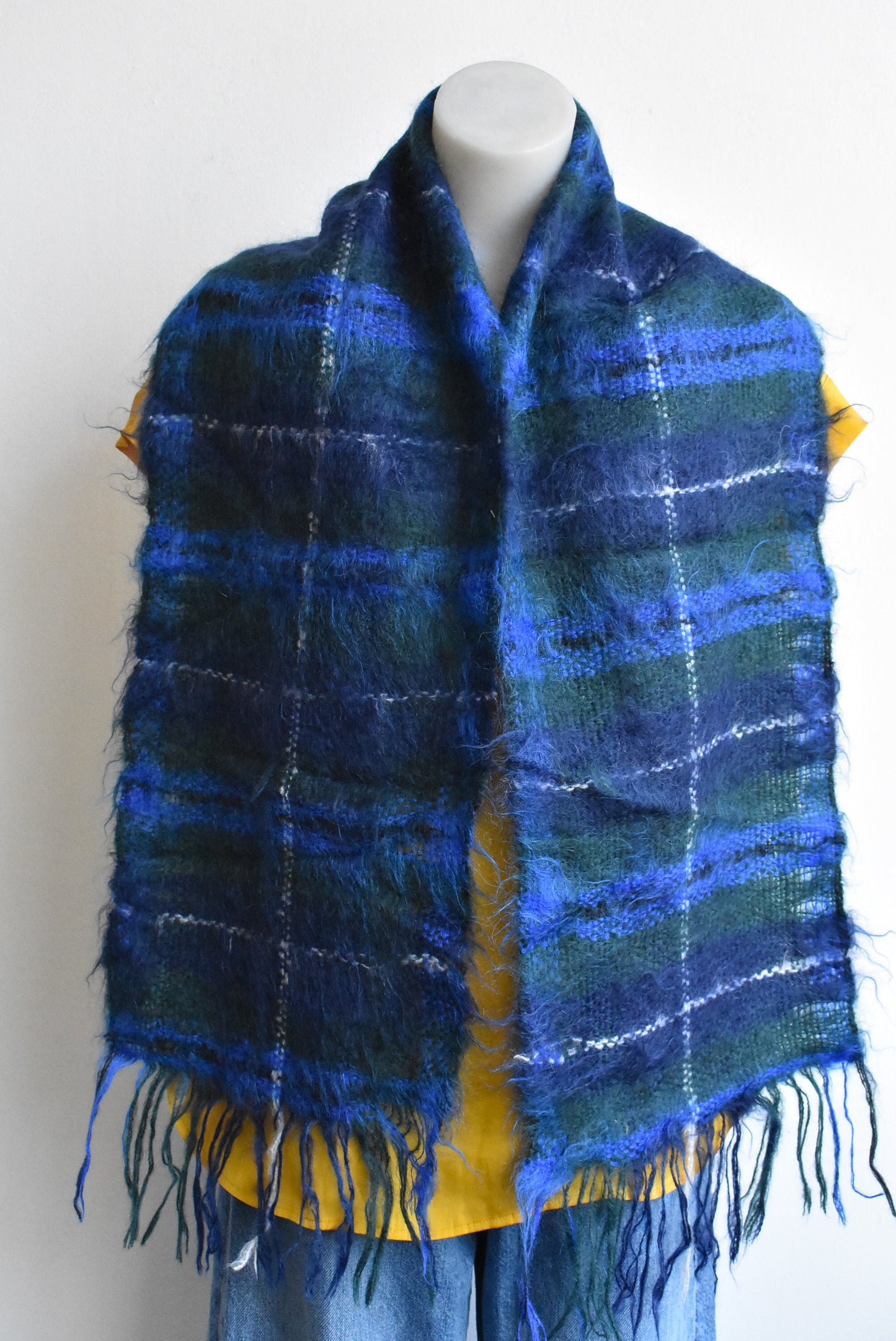 Blue and green fuzzy winter scarf