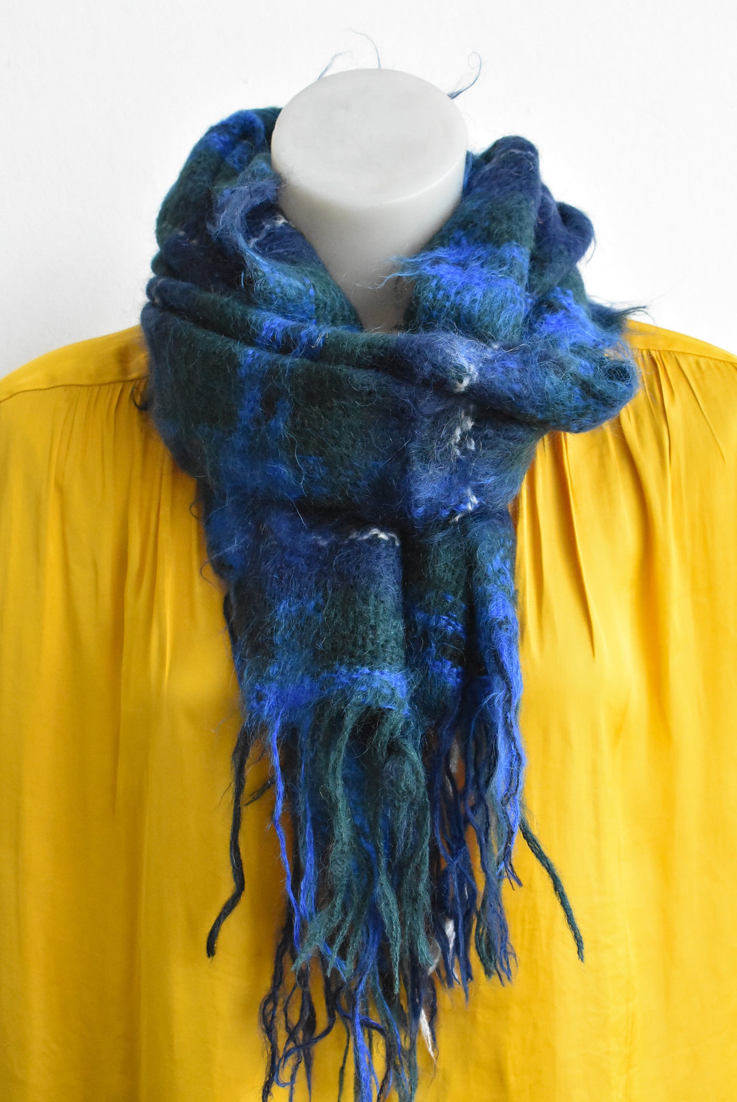 Blue and green fuzzy winter scarf