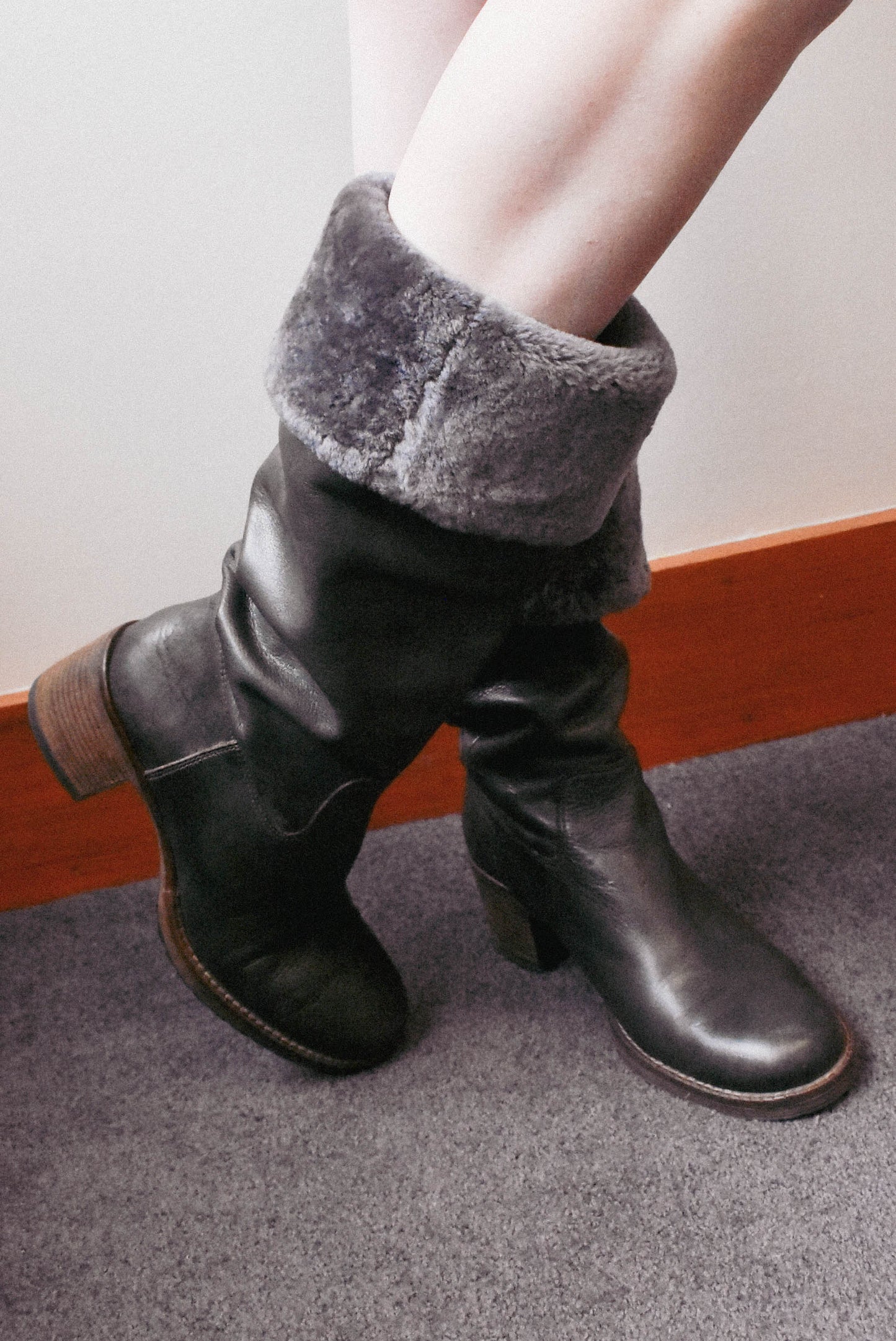 Marco Ferretti black fur-trimmed tall boots, size 37