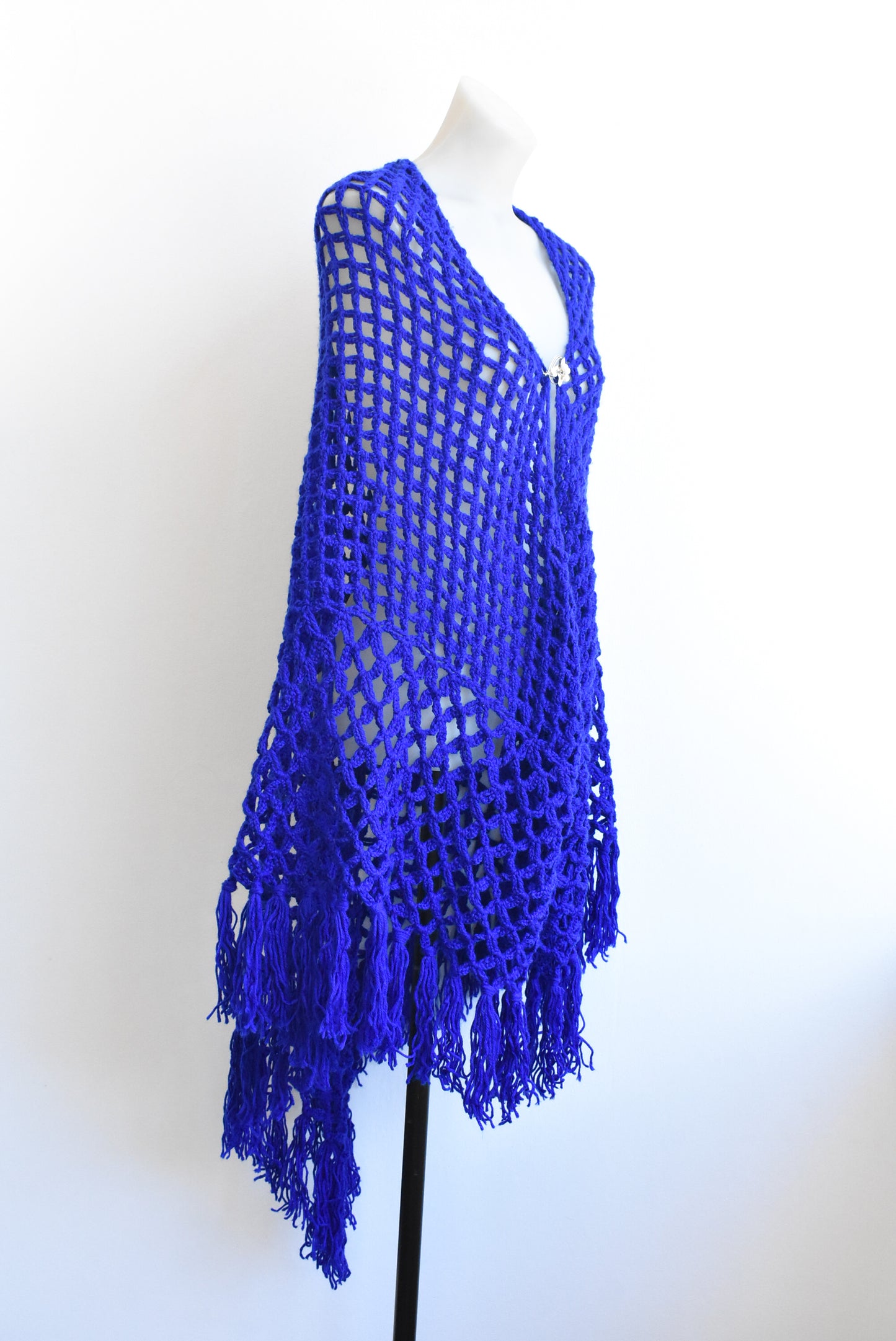 Large blue hand-crocheted shawl