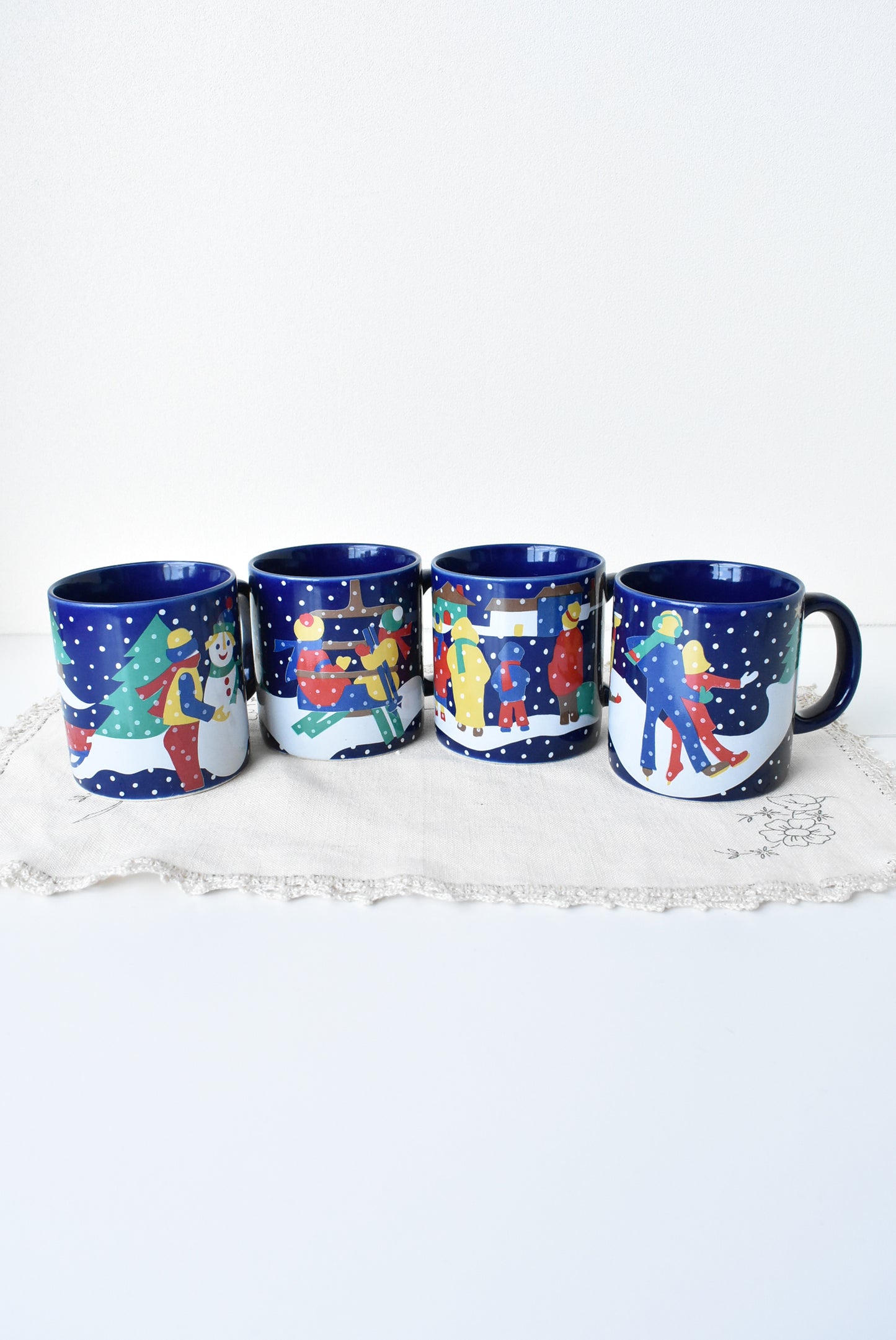 Lillian Vernon retro winter Christmas mugs, 70's design reproduced in 1989